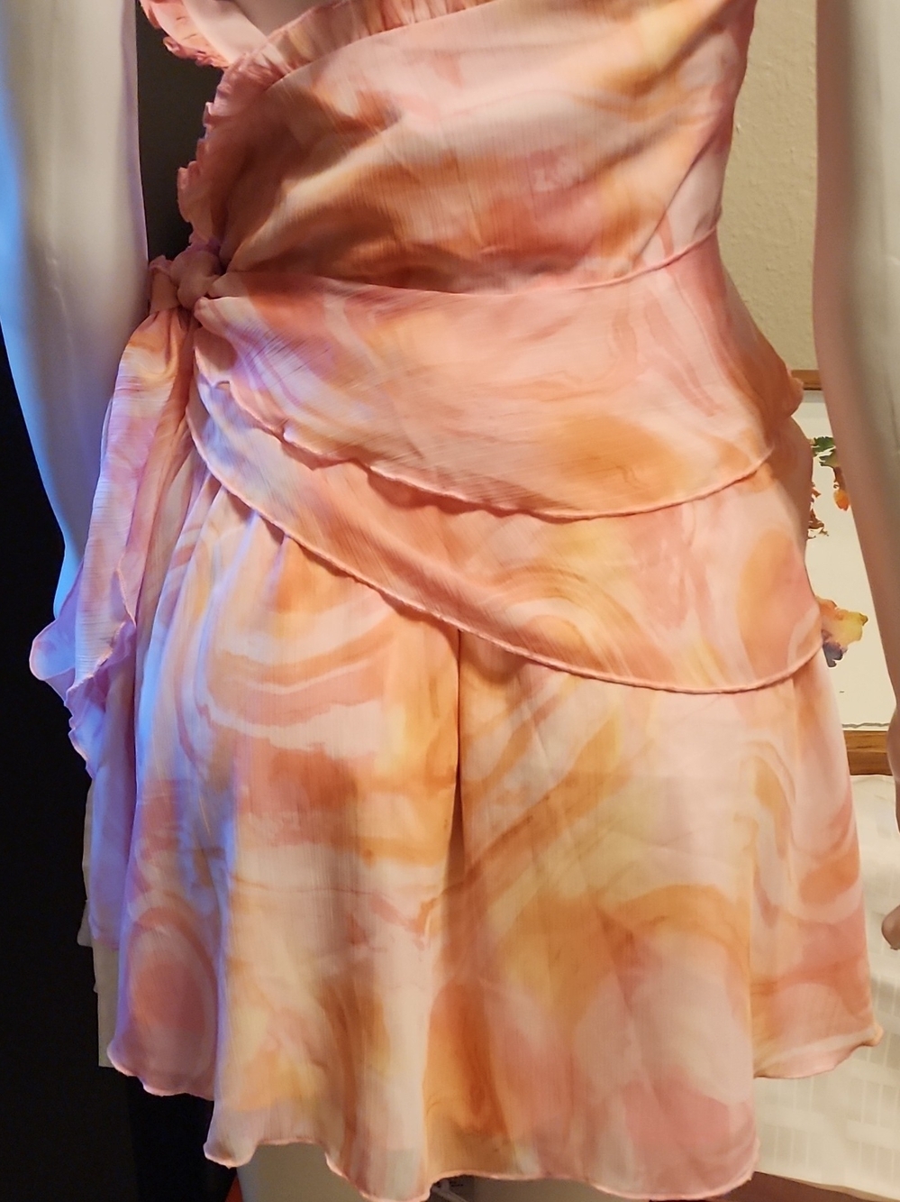 Peach-Pattern Ruffle Wrap Mini Dress - Picture 8 of 9